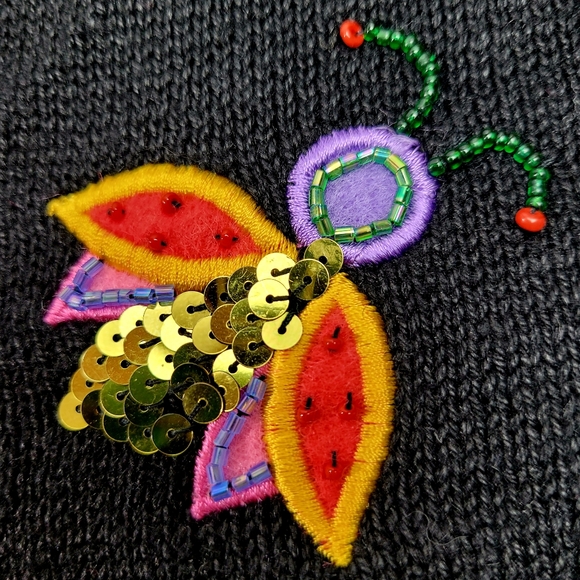 Vintage Quacker Factory Black Beaded Sequin Bumble Bee Cardigan Sweater Large - Picture 11 of 13